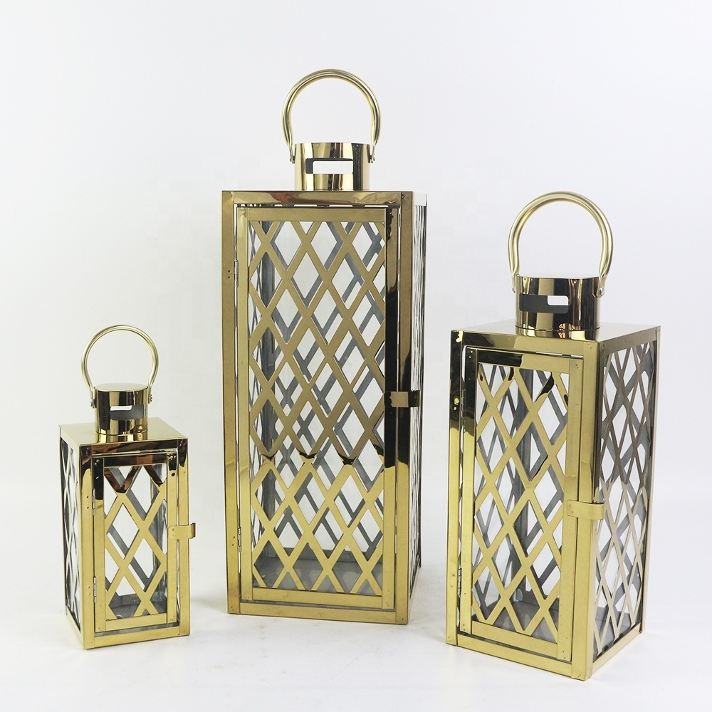 Foryoudecor Set 3 Royal Shiny Golden Stainless Steel Pilar Candle Lanterns Floor Standing Camping Candle Lantern for Home Decor