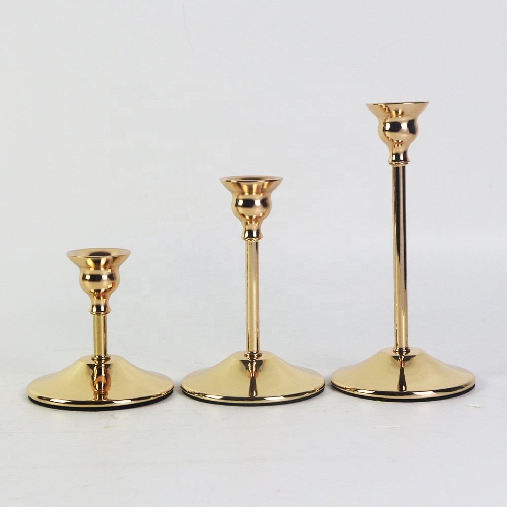 Gold Taper Candle Holder Set of 3 Short Skinny Brass Candlestick Holders Vintage Small Low Metal Candles Sticks for Wedding