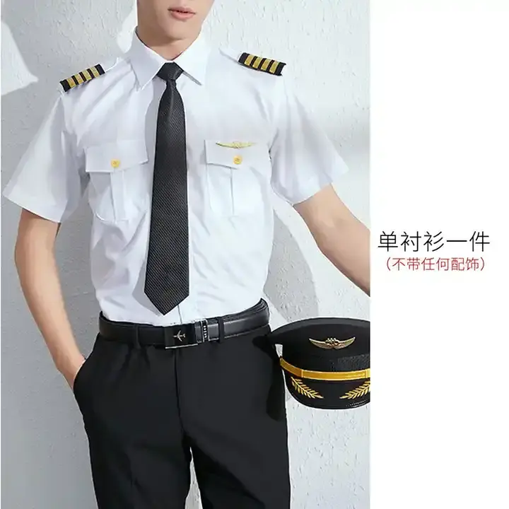 White Classic Plain Short Sleeve Mens Long sleeve Pilot Uniform T Shirts with Epaulette Airline Pilot Uniform