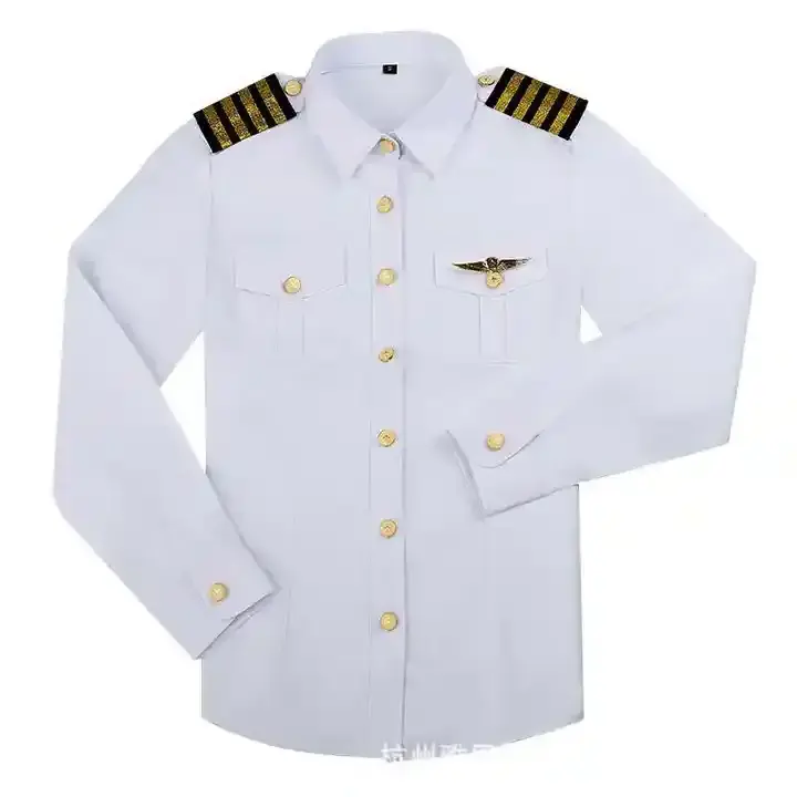 White Classic Plain Short Sleeve Mens Long sleeve Pilot Uniform T Shirts with Epaulette Airline Pilot Uniform