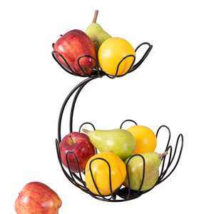 2 Tier Countertop Fruit Basket Bowl with Banana Hanger Metal Wire Storage Baskets for Kitchen Fruits Stand Holder Black