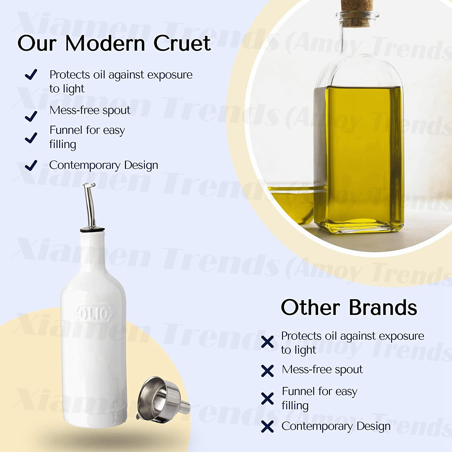 Elegant wholesale Good quality empty stoneware white ceramic Olive Oil Bottle with spout and funnel for oil storaged