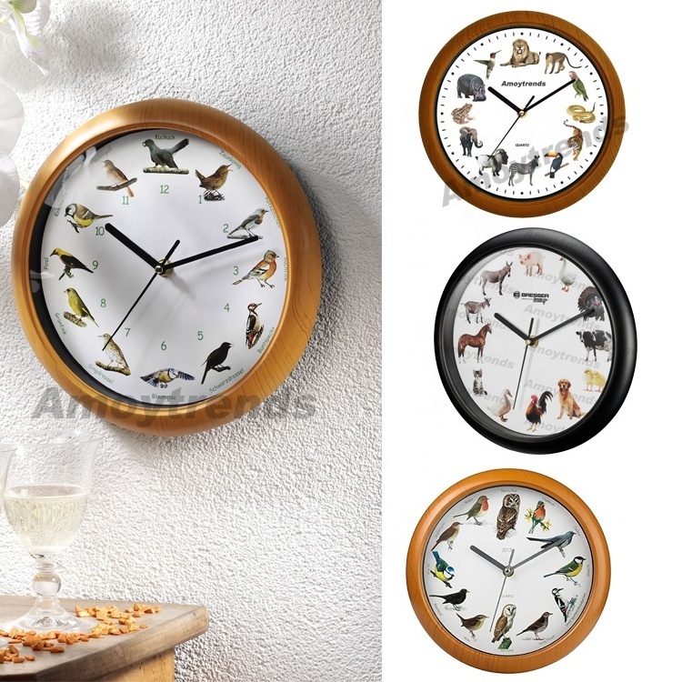 Amoytrendstime Custom Branded 10 12 inch singing birds wildlife farm animals sound wall clocks