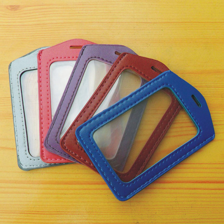 Customized cheap id window card holder pu leather two sided id badge holder