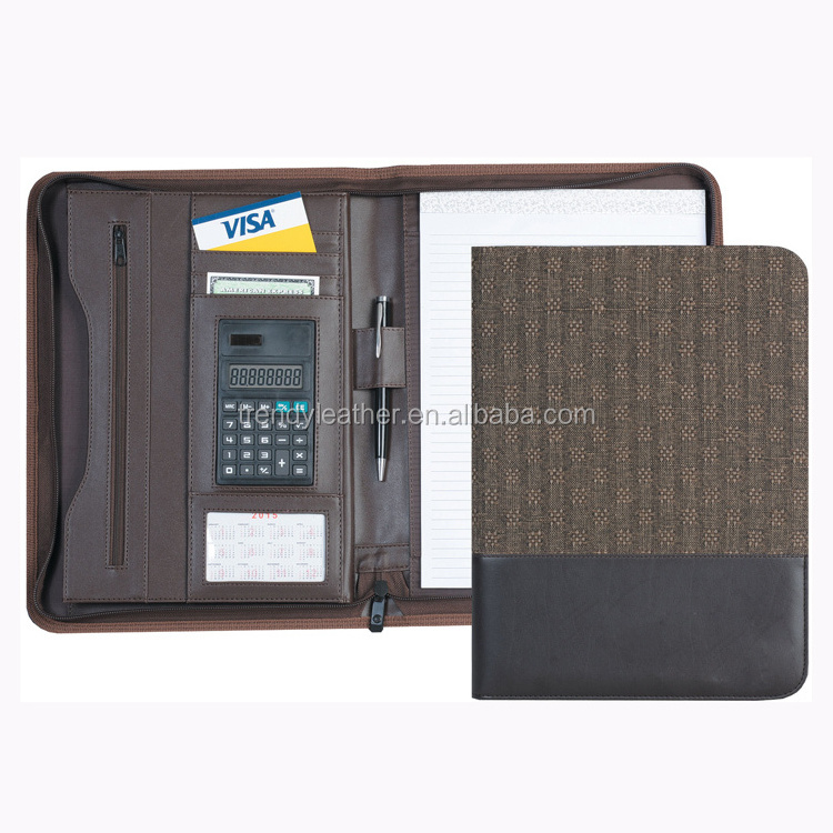 Custom A4 Conference Folder Zippered Folio Case Leather Business Portfolio Organiser Document Bag