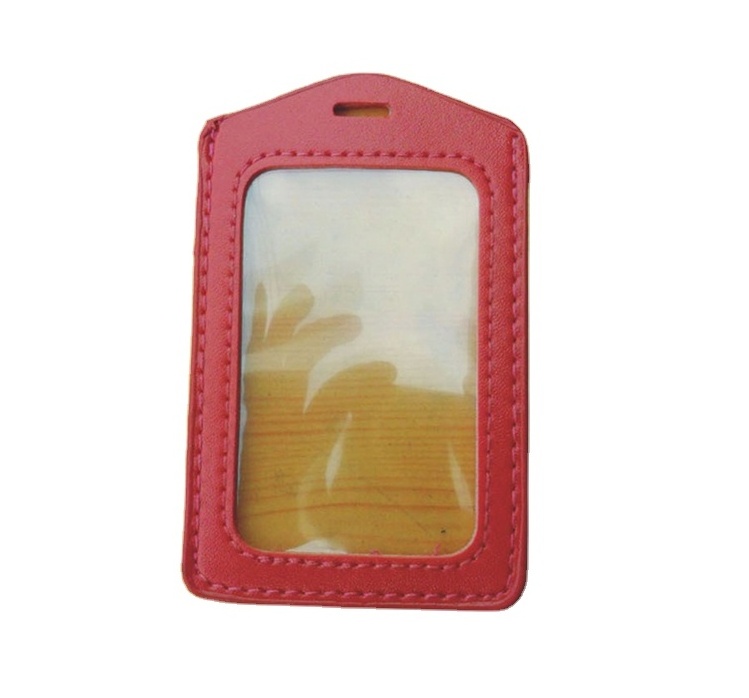 Customized cheap id window card holder pu leather two sided id badge holder