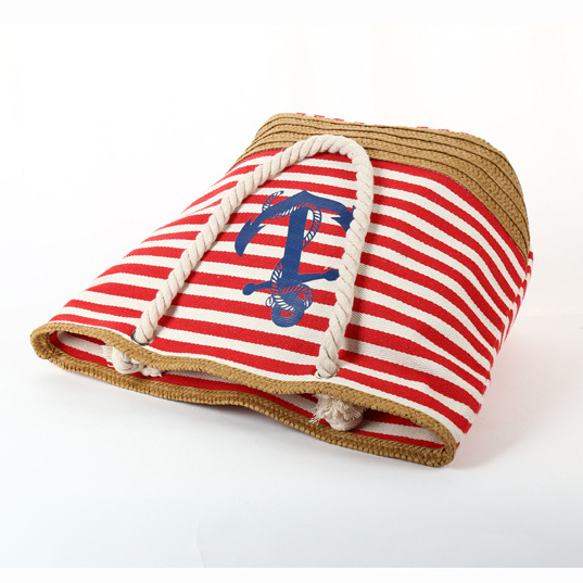 Wholesale Women Summer Canvas Tote Bag Ladies print Anchor canvas tote Large straw Beach Bag