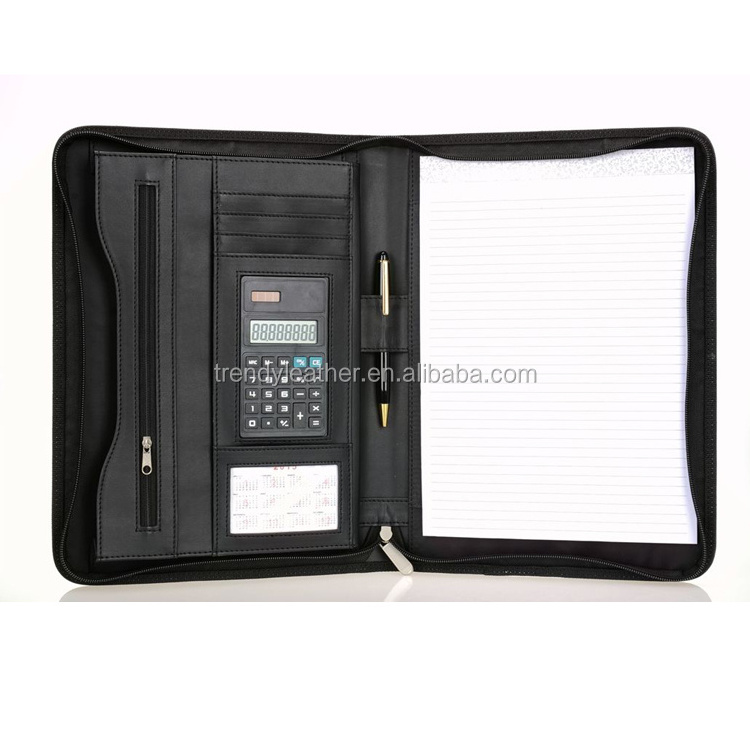 Custom A4 Conference Folder Zippered Folio Case Leather Business Portfolio Organiser Document Bag