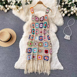 Summer New Arrivals Women Vintage Colorful Handmade Crochet Sweater Tassel Bikini Vest Long Beach Dress