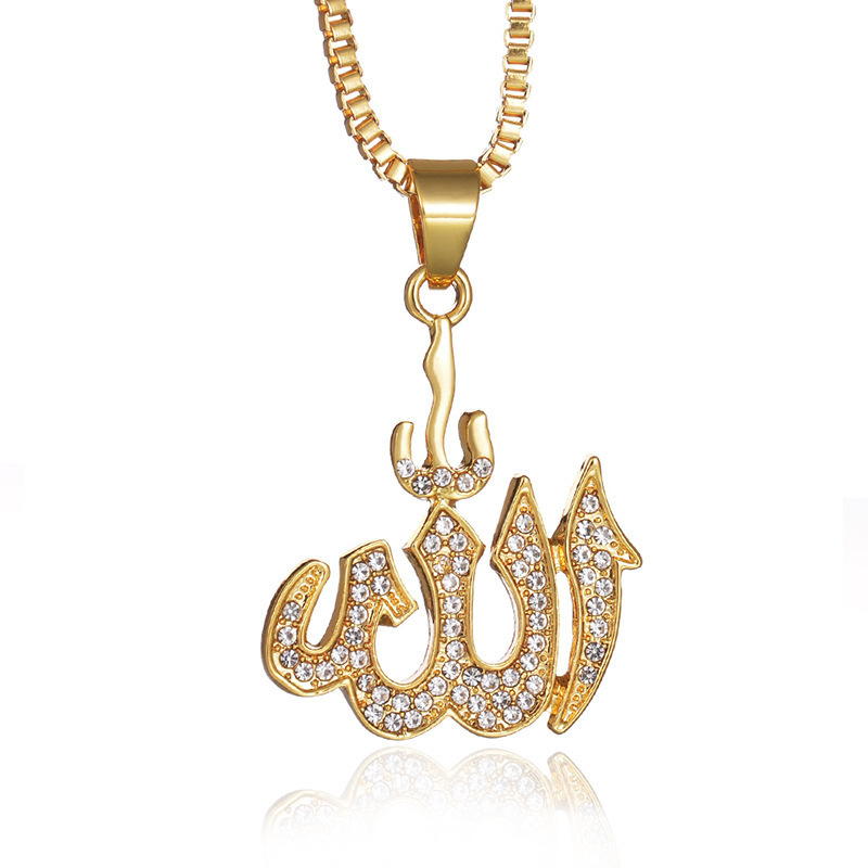 Wholesale  Alloy Catholic Religious Mens muslim  Jewelry New  Crystal Rhinestone Gold Allah Pendant Necklace