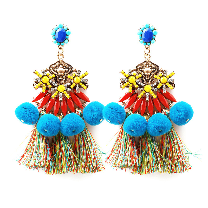 Wholesale Women Big pompon Yellow Seed Beaded red Thread Tassel Ball Earring in Tumblr Jewelry