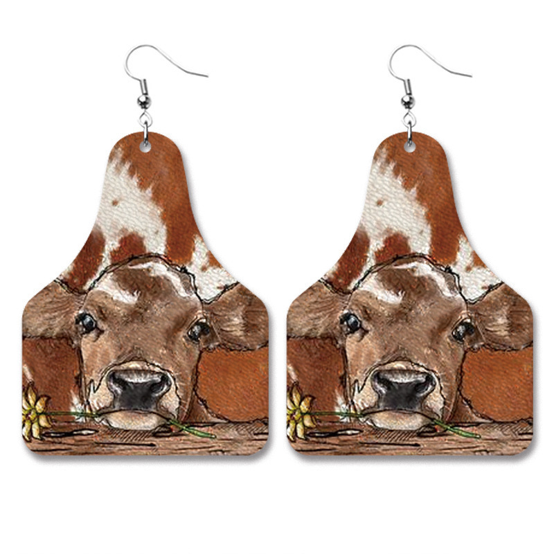 Wholesale Retro Farm Cow Earrings Western Cowboy Jewelry Style Personality Pu Leather Earrings For Women