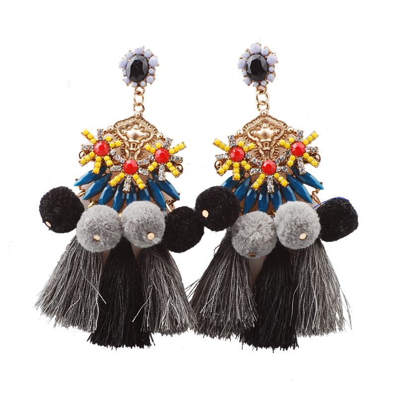 Wholesale Women Big pompon Yellow Seed Beaded red Thread Tassel Ball Earring in Tumblr Jewelry