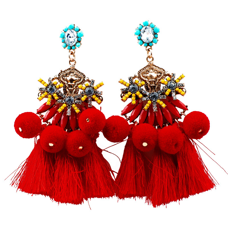 Wholesale Women Big pompon Yellow Seed Beaded red Thread Tassel Ball Earring in Tumblr Jewelry