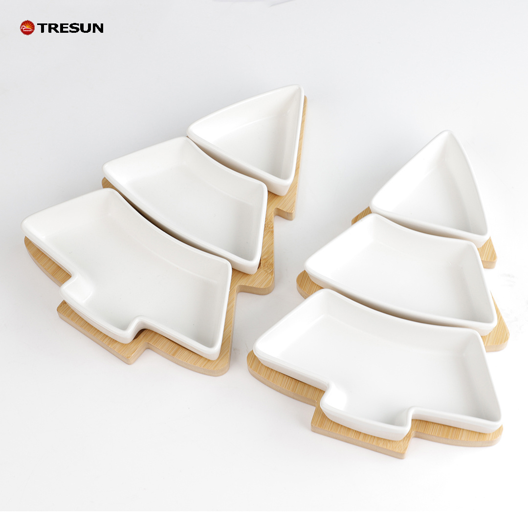 removable porcelain tree appetizer dessert bowl ceramic snack white christmas tree plates chip & dip set with bamboo tray