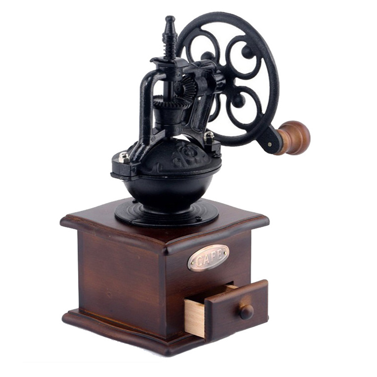 Best Antique manual wood & cast iron coffee grinder hand crank retro coffee grinder mill