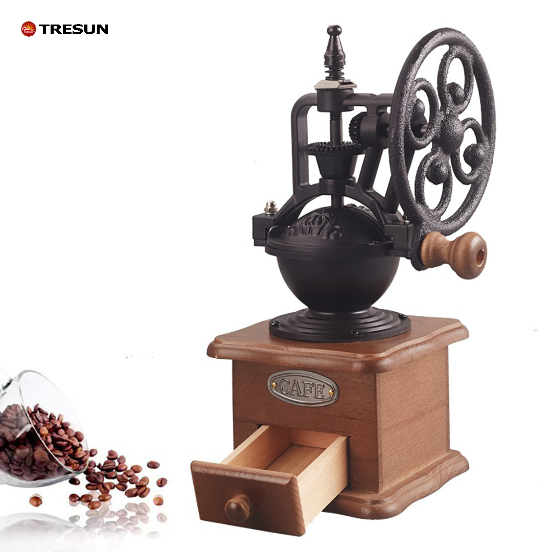 Wholesale Small Portable Mini Steel Burr Antique Cast Iron Hand Crank for Making Mesh Coffee Wooden Manual Coffee Bean Grinder