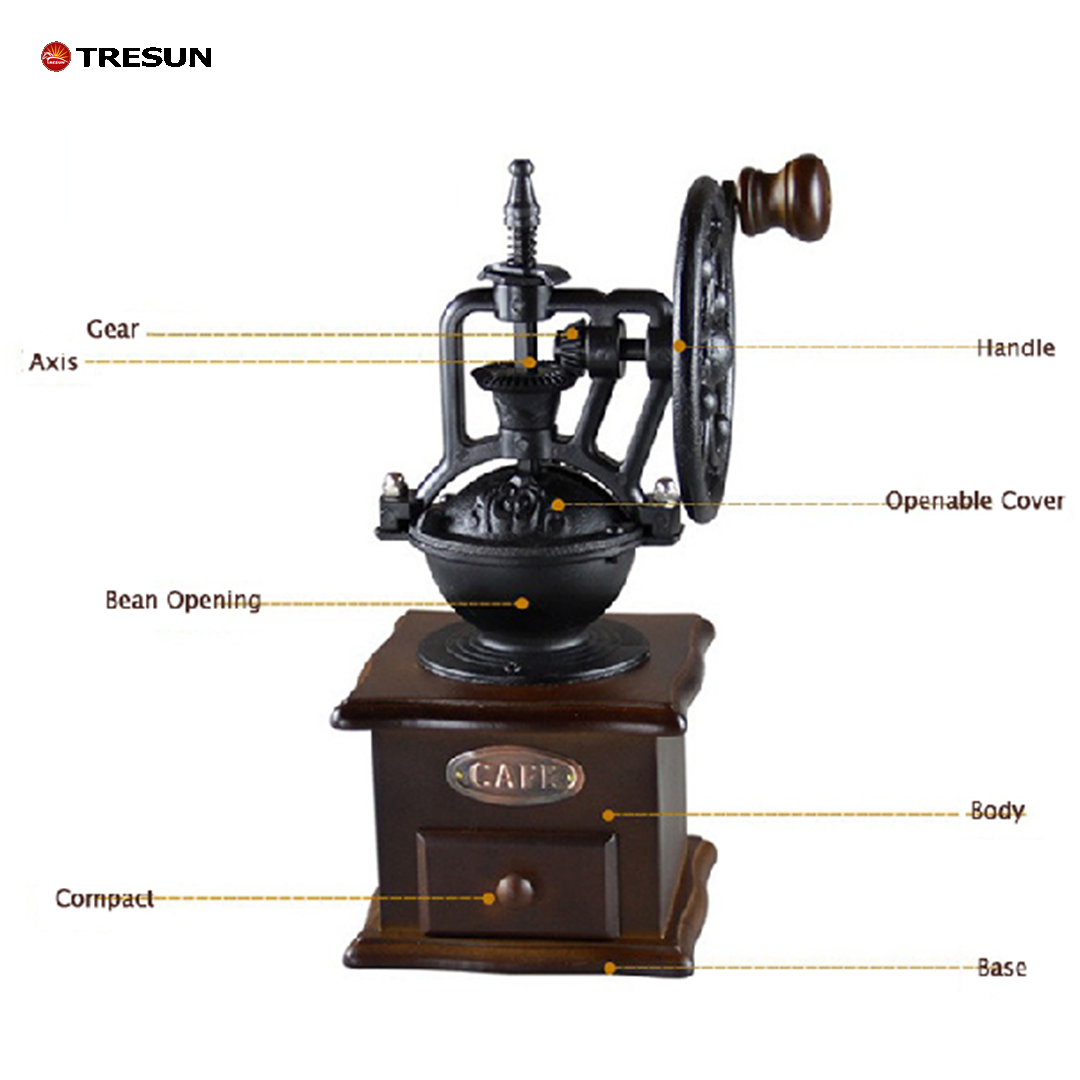 Wholesale Small Portable Mini Steel Burr Antique Cast Iron Hand Crank for Making Mesh Coffee Wooden Manual Coffee Bean Grinder