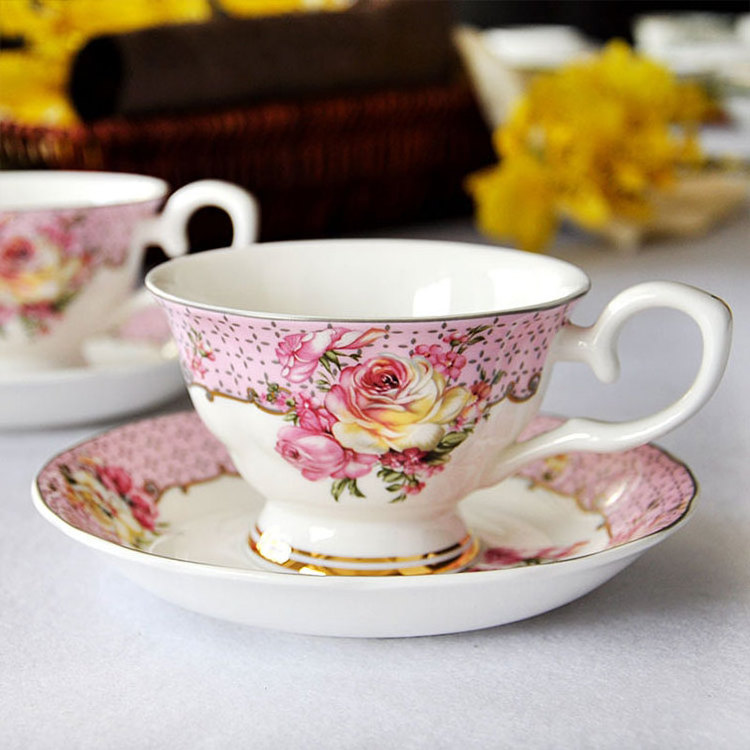 wholesale turkish nordic porcelain european luxury 220ml rose flower fine bone china coffee tea cup and saucer set