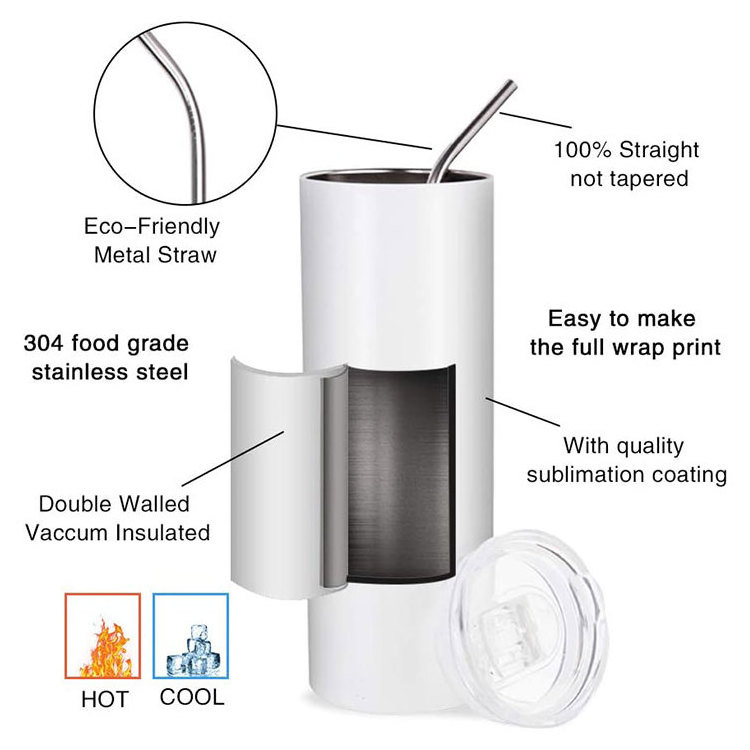 wholesale white straight blanks double wall glass coffee vacuum insulated skinny 20 oz stainless steel sublimation tumblers