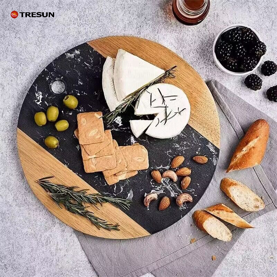 OEM ODM food serving custom size logo natural round acacia white marble wood cutting board without handle