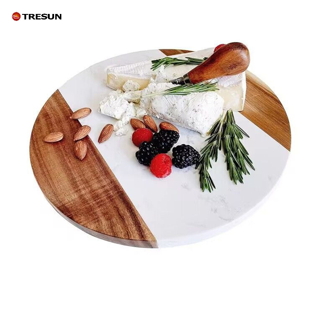 OEM ODM food serving custom size logo natural round acacia white marble wood cutting board without handle