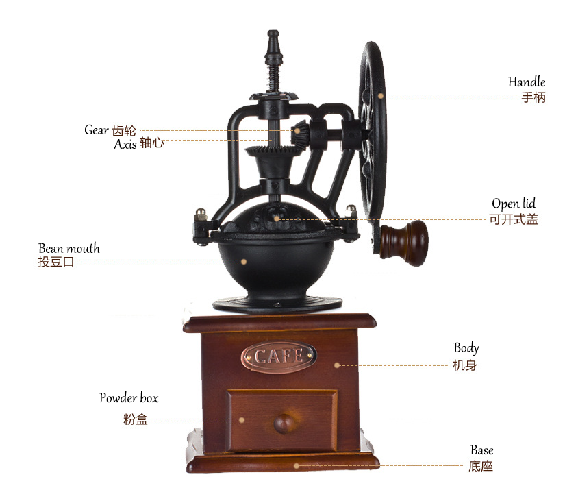 Best Antique manual wood & cast iron coffee grinder hand crank retro coffee grinder mill