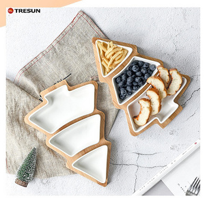 removable porcelain tree appetizer dessert bowl ceramic snack white christmas tree plates chip & dip set with bamboo tray