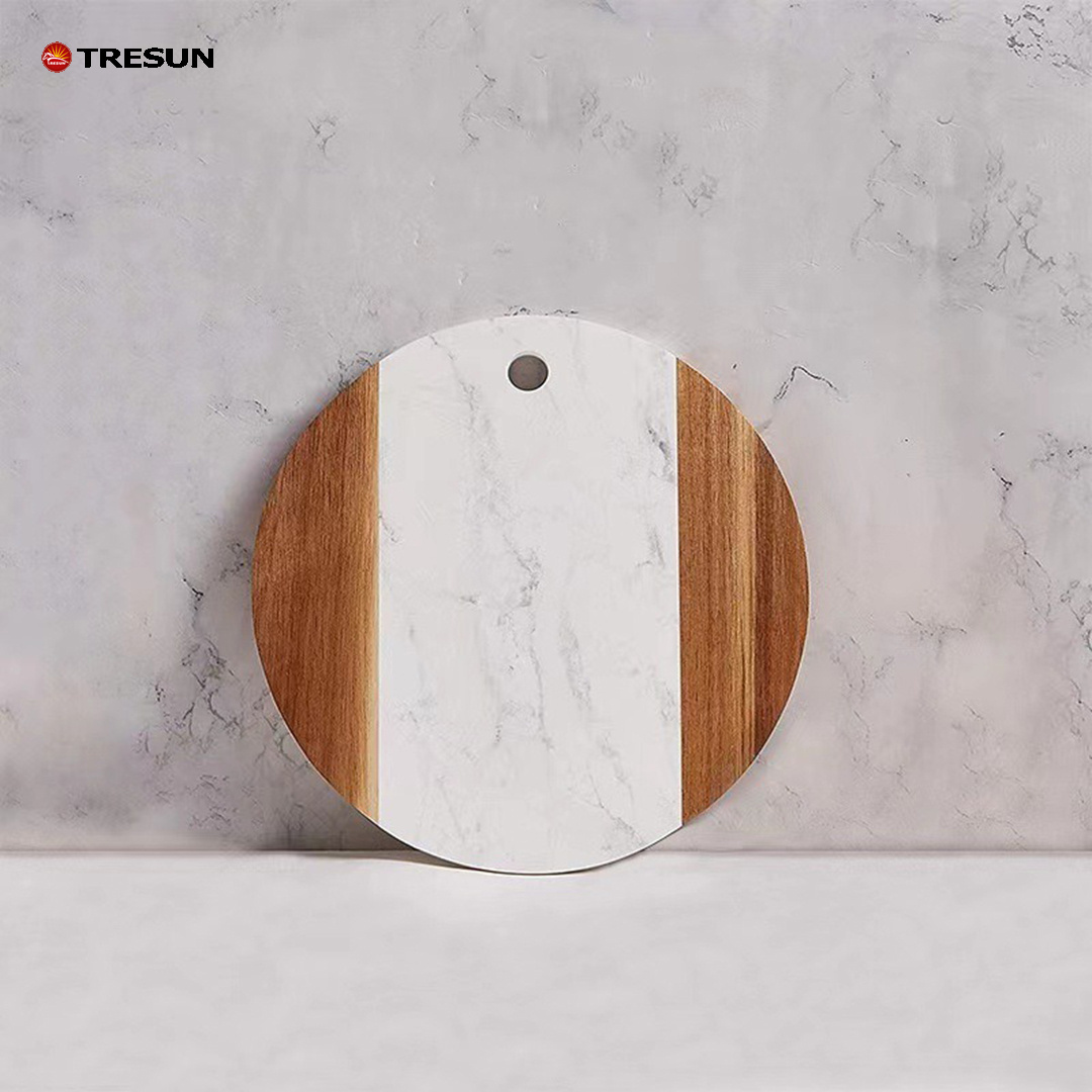 OEM ODM food serving custom size logo natural round acacia white marble wood cutting board without handle