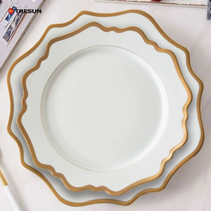 10.5 13 inch luxury nordic sunflower shape irregular ceramic wholesale gold rim wedding porcelain charger plates for wedding