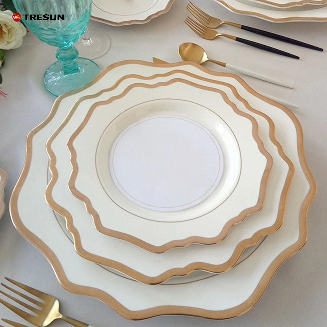 10.5 13 inch luxury nordic sunflower shape irregular ceramic wholesale gold rim wedding porcelain charger plates for wedding