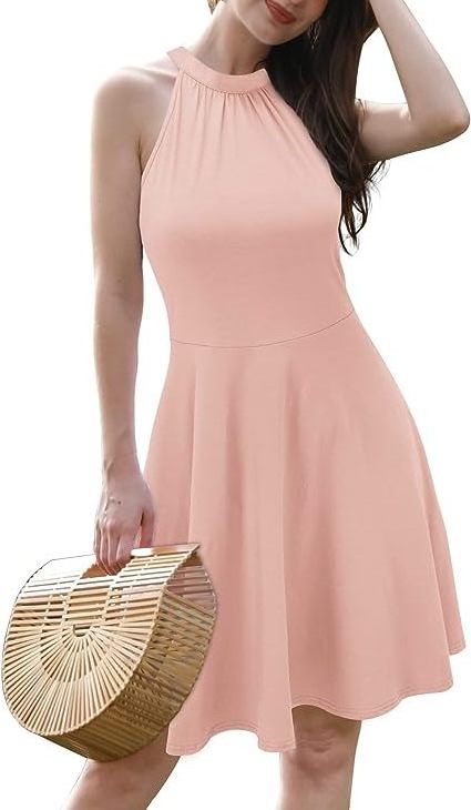 Women 2023 Summer Halter Neck Sleeveless Flared Swing Dress Wedding Guest Formal Casual A Line Sundress