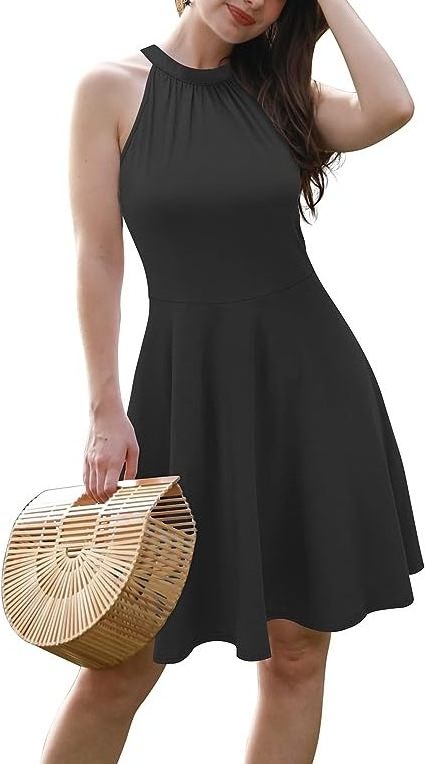 Women 2023 Summer Halter Neck Sleeveless Flared Swing Dress Wedding Guest Formal Casual A Line Sundress