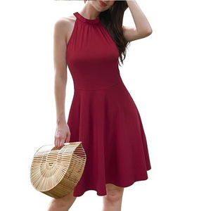 Women 2023 Summer Halter Neck Sleeveless Flared Swing Dress Wedding Guest Formal Casual A Line Sundress