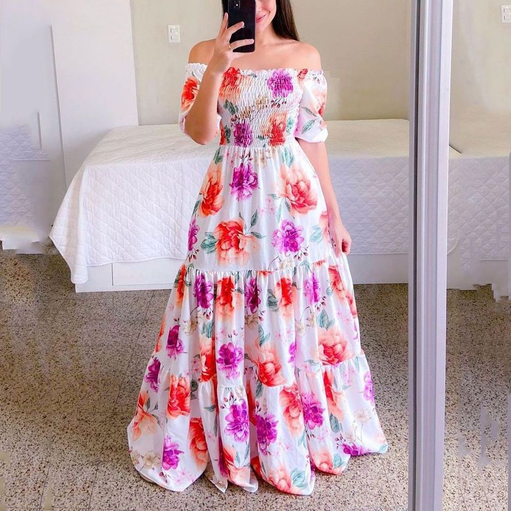 Wholesale Women Elegant Sexy Summer Women's Maxi Dresses One-shoulder Floral Dress Casual Girls Dresses