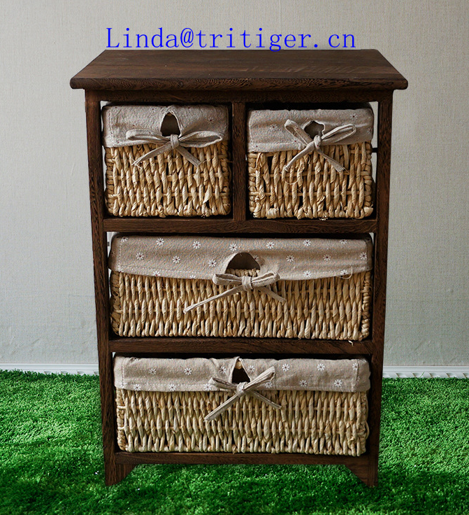 roast color solid wood storage cabinet with wickerwork basket