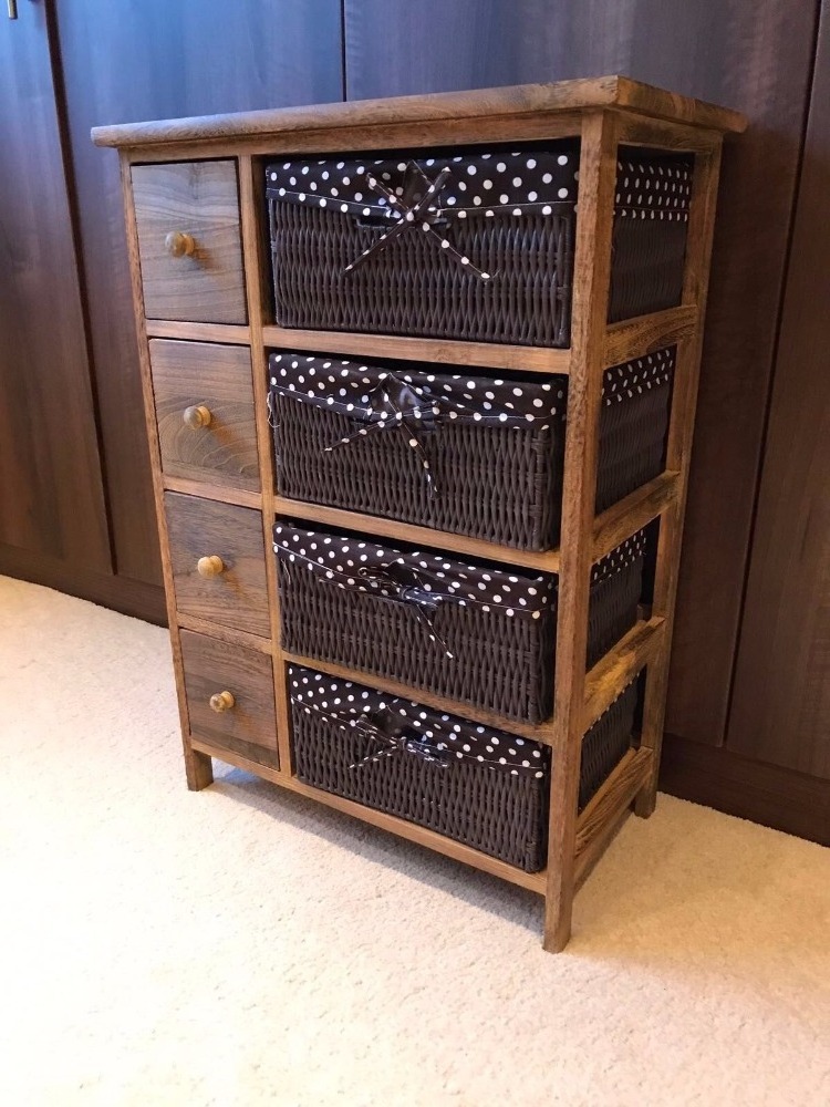 Brown Chest of Drawers Shabby Chic Storage Unit Wicker Baskets Dark Wood Cabinet