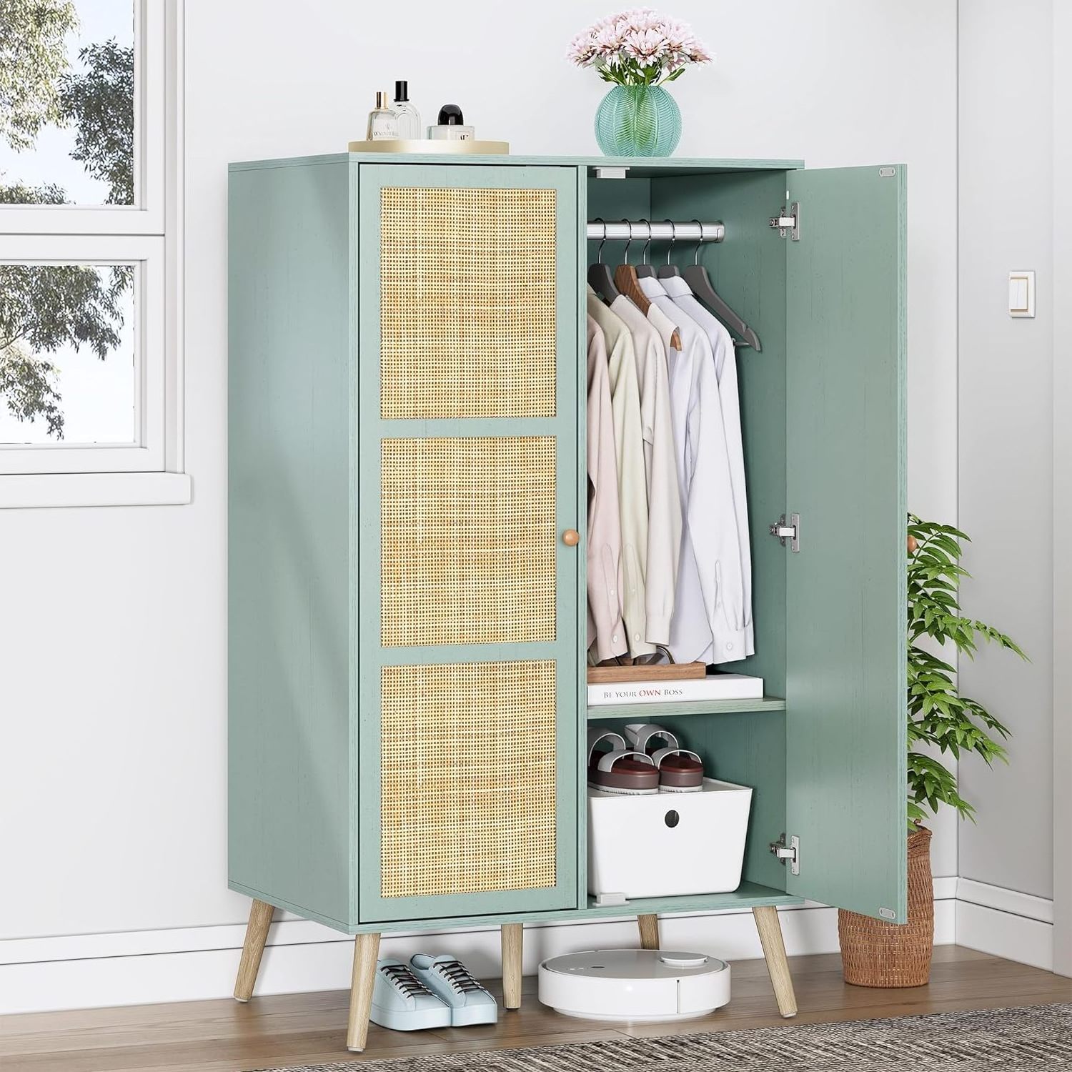 Big Storage Cabinet Armoire Wardrobe Closet with Natural Rattan Doors with Hanging Rod and Shelves, for Bedroom