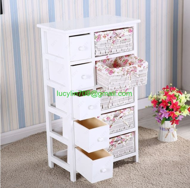 Bedroom Storage Dresser Chest 5 Drawers W/ Wicker Baskets Cabinet Wood Furniture