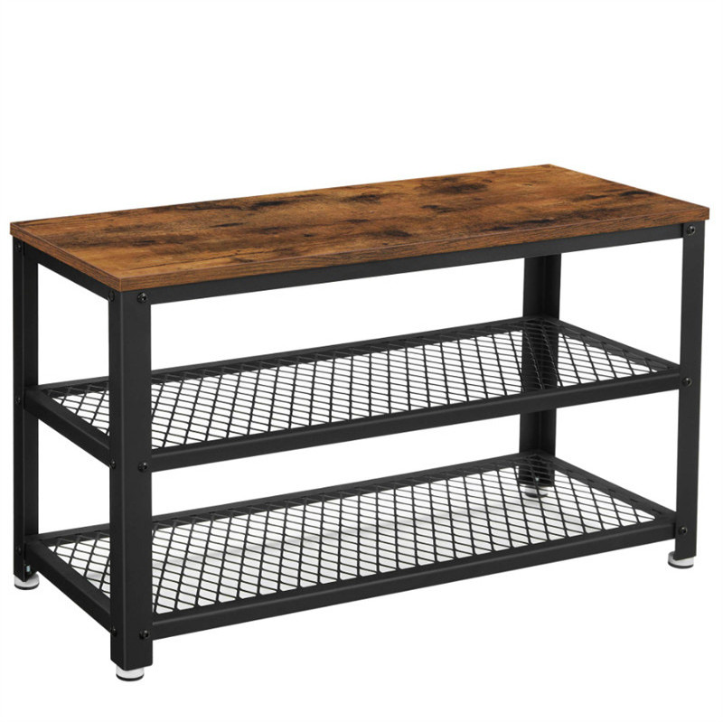 Rustic Brown and Black Steel Frame Shoe Bench 3-Tier Shoe Rack Long Storage Shelves for Entryway