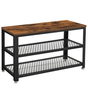 Rustic Brown and Black Steel Frame Shoe Bench 3-Tier Shoe Rack Long Storage Shelves for Entryway