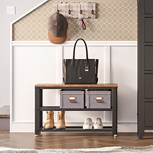 Rustic Brown and Black Steel Frame Shoe Bench 3-Tier Shoe Rack Long Storage Shelves for Entryway