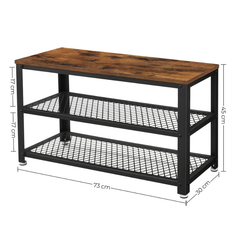 Rustic Brown and Black Steel Frame Shoe Bench 3-Tier Shoe Rack Long Storage Shelves for Entryway