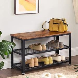 Rustic Brown and Black Steel Frame Shoe Bench 3-Tier Shoe Rack Long Storage Shelves for Entryway