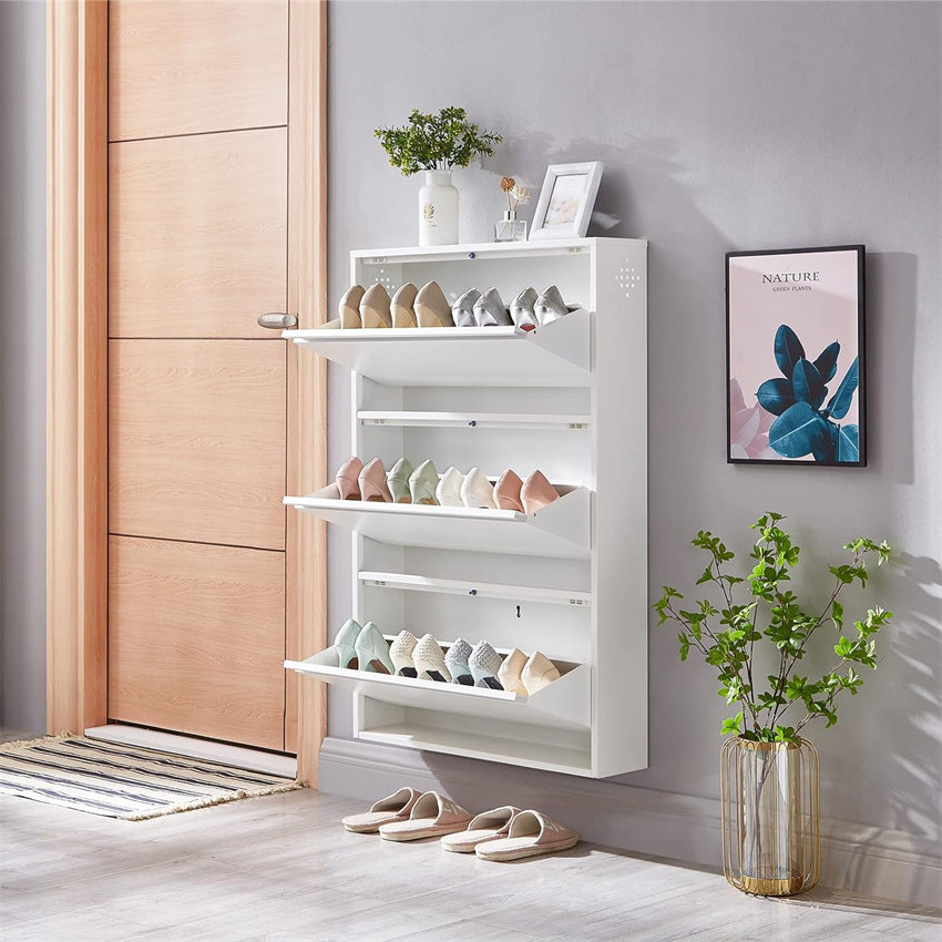 Furniture 3 Flip Drawers Wood Shoe Storage Rack Cabinet Wall Mounted Mdf Rack Shoe Cabinet For Home Living Room Bedroom Entryway