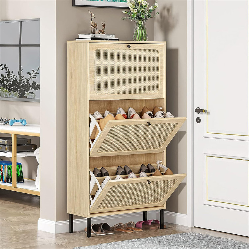 3 Flip Rattan Drawer Freestanding Entryway Modern Wooden Shoe Storage Rack Organizer Cabinet Furniture With Metal Legs