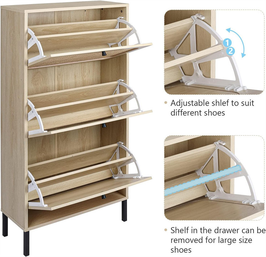 3 Flip Rattan Drawer Freestanding Entryway Modern Wooden Shoe Storage Rack Organizer Cabinet Furniture With Metal Legs