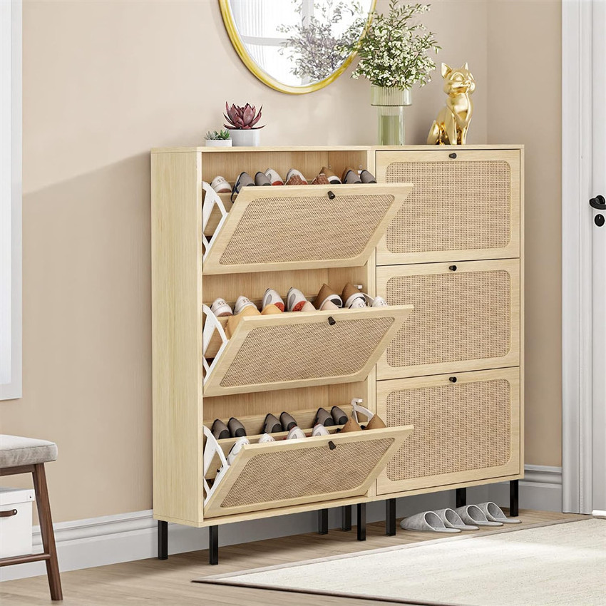 3 Flip Rattan Drawer Freestanding Entryway Modern Wooden Shoe Storage Rack Organizer Cabinet Furniture With Metal Legs