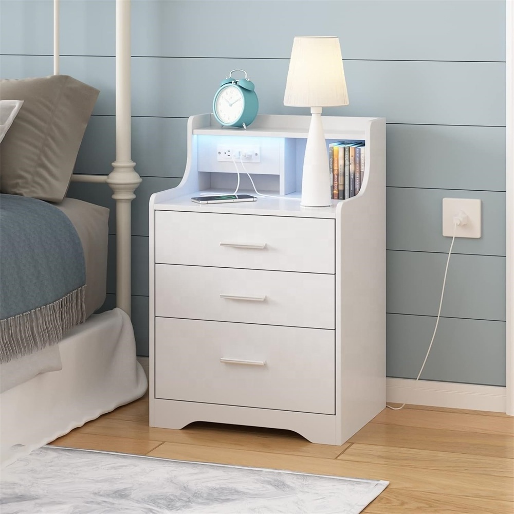 Nightstand With Charging Station Led Nightstand cabinet With 3 Drawers Smart Wooden night Stand Bed Side Table For home