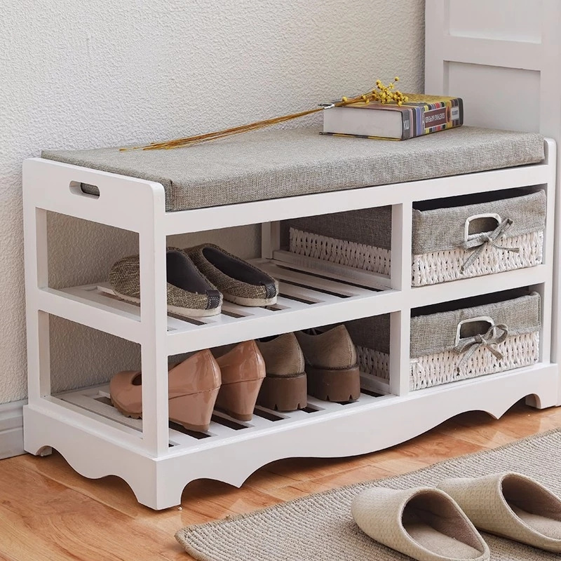 wooden sitting Storage Bench with basket Drawers & Seat Cushion for Shoe Cabinet